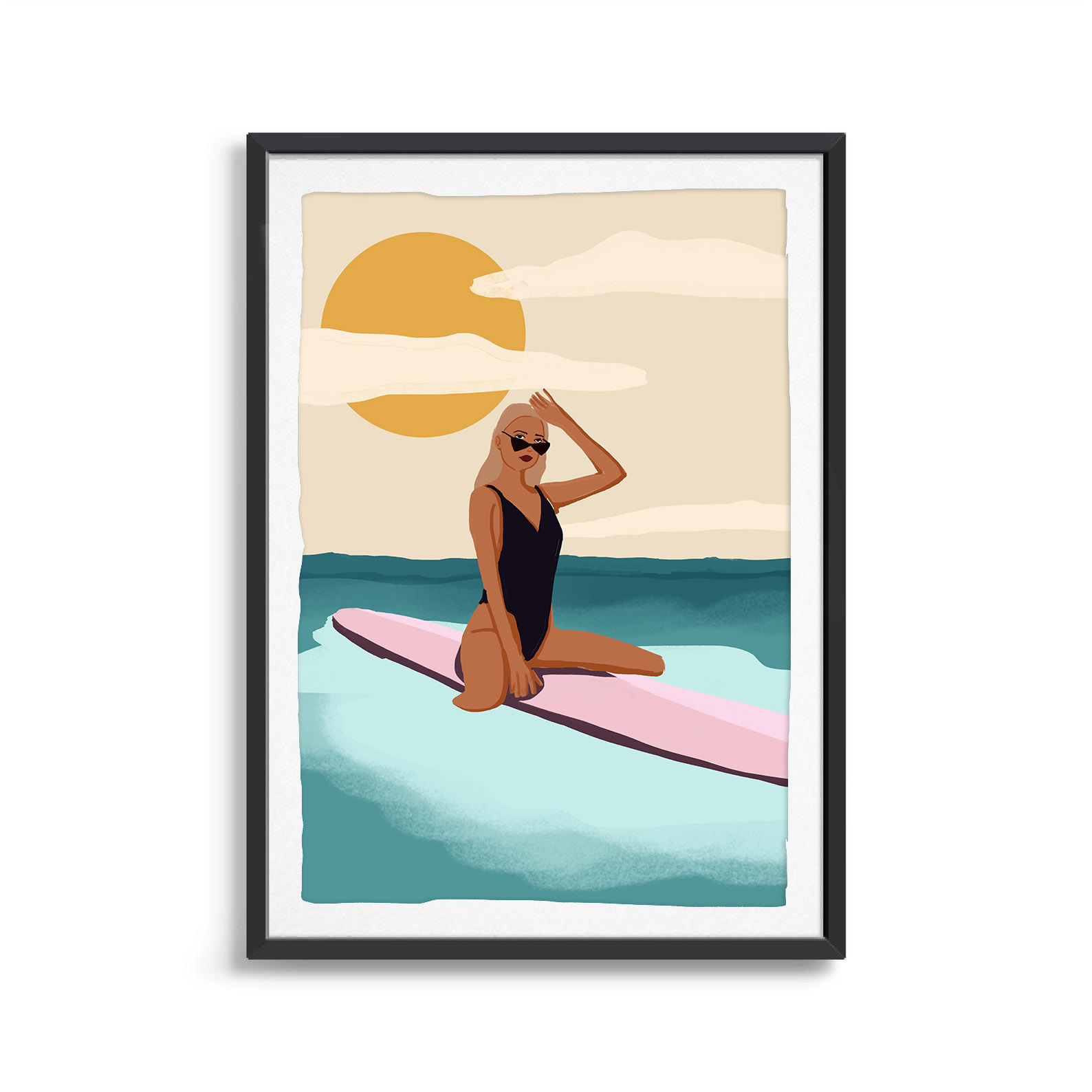 Surfer Girl Resting On Her Pink Board surfing digital art print