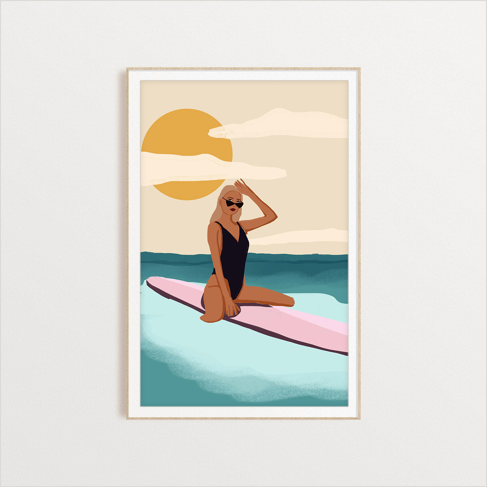 Surfer Girl Resting On Her Pink Board surfing digital art print